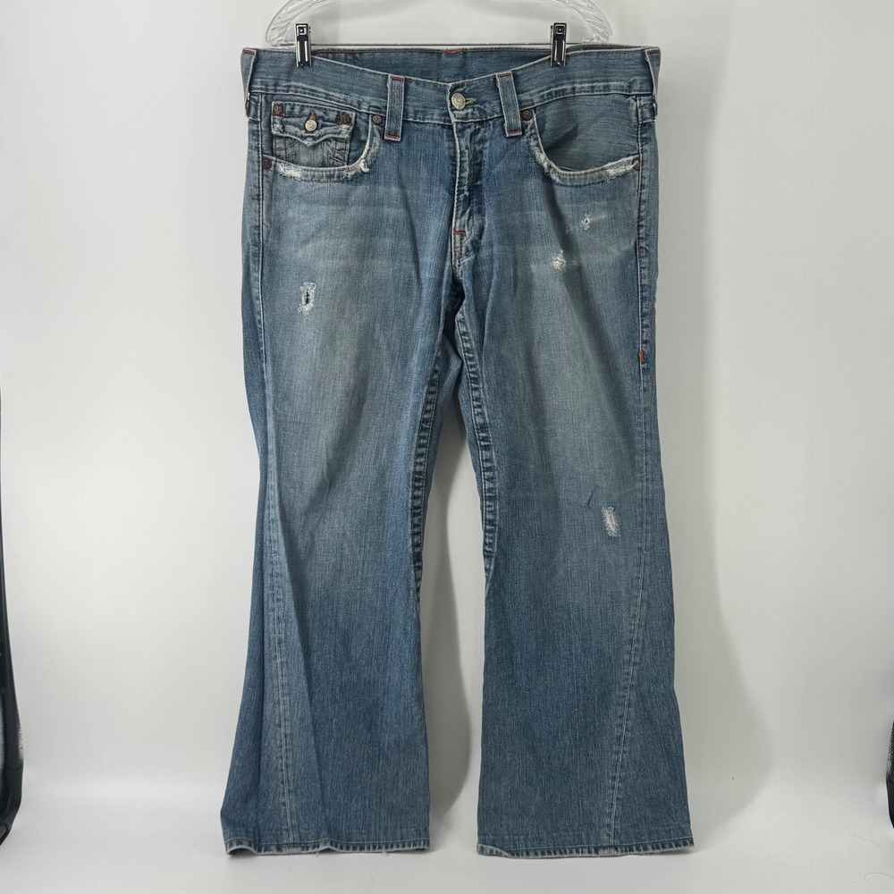 True Religion Joey Flared Jeans Mens 40 Distressed Blue Denim Y2K Low Rise USA